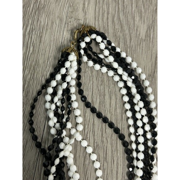 VTG LONG Multi Strand Faceted Glass Necklace Beaded Black White Gold Tone Link - Picture 3 of 8
